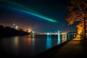 de Aurora vervelen lichten omhoog de lucht over- een stad. ai-gegenereerd foto