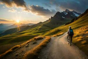 een Mens Aan een fiets ritten naar beneden een aarde weg in de bergen. ai-gegenereerd foto