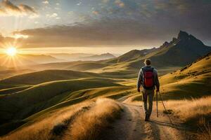 een Mens met een rugzak wandelingen Aan een aarde weg in de bergen. ai-gegenereerd foto