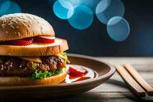 een Hamburger met kaas en tomaten Aan een houten bord. ai-gegenereerd foto