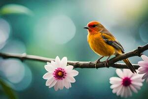 een klein vogel is zittend Aan een Afdeling met bloemen. ai-gegenereerd foto