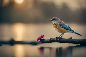 een vogel zittend Aan een Afdeling met een bloem in de water. ai-gegenereerd foto