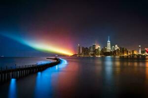 een regenboog over- de stad horizon Bij nacht. ai-gegenereerd foto