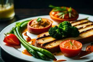 een bord met vlees, groenten en saus. ai-gegenereerd foto
