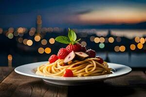 spaghetti met champignons en bessen Aan een bord. ai-gegenereerd foto