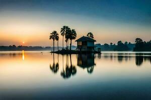 een klein huis Aan de water met palm bomen. ai-gegenereerd foto