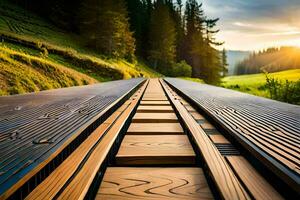 een trein bijhouden in de midden- van een veld. ai-gegenereerd foto