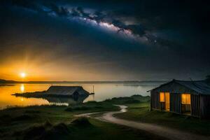 een cabine in de midden- van een meer Bij zonsondergang. ai-gegenereerd foto