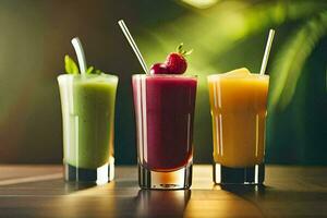 drie verschillend types van smoothies in bril. ai-gegenereerd foto