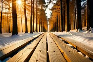 een houten pad in de sneeuw met de zon schijnt. ai-gegenereerd foto