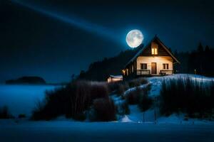 een huis Aan een besneeuwd heuvel met een vol maan. ai-gegenereerd foto