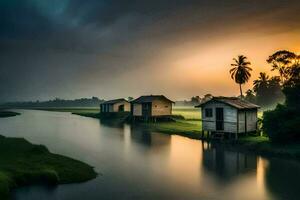 de zonsopkomst over- de rivier- in de ochtend. ai-gegenereerd foto