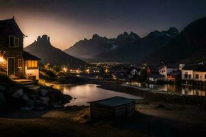 een klein stad- Bij nacht met bergen in de achtergrond. ai-gegenereerd foto