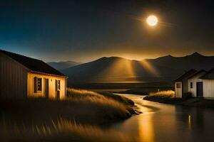 een klein huis zit Aan de kust van een rivier- Bij nacht. ai-gegenereerd foto