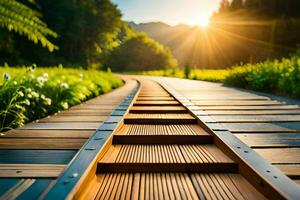 een houten bijhouden leidend naar de zon. ai-gegenereerd foto