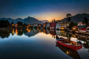 een boot zit Aan de water Bij zonsondergang in voorkant van huizen. ai-gegenereerd foto