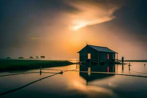 een klein huis zit in de midden- van een meer Bij zonsondergang. ai-gegenereerd foto