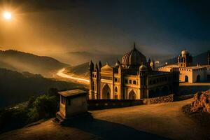 de zon sets over- een moskee in de bergen. ai-gegenereerd foto