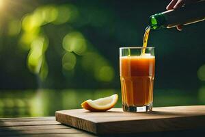 een persoon giet oranje sap in een glas. ai-gegenereerd foto