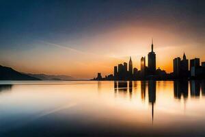 de stad horizon is weerspiegeld in de water Bij zonsondergang. ai-gegenereerd foto