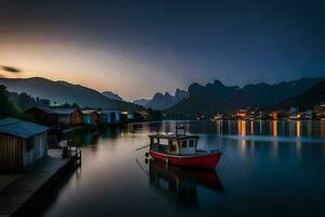 een boot zit Aan de water in voorkant van een berg. ai-gegenereerd foto