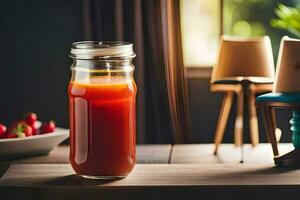 een glas pot van sap zittend Aan een tafel. ai-gegenereerd foto