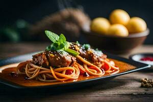 spaghetti met gehaktballen en saus Aan een bord. ai-gegenereerd foto