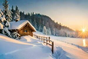 een cabine in de sneeuw met de zon instelling. ai-gegenereerd foto
