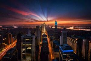 de stad horizon Bij zonsondergang met een helder licht pad. ai-gegenereerd foto