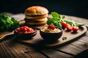 een bord met een hamburger, tomaat en een kom van ketchup. ai-gegenereerd foto