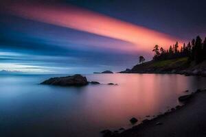 een lang blootstelling fotograaf van een zonsondergang over- de oceaan. ai-gegenereerd foto