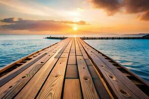 een houten pier strekt zich uit uit in de oceaan Bij zonsondergang. ai-gegenereerd foto