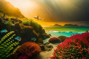 foto behang zee, koraal, vis, zon, lucht, oceaan, bergen, lucht, zonsondergang. ai-gegenereerd