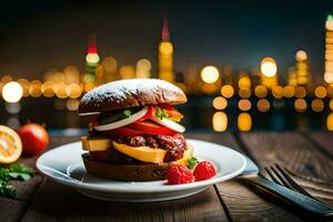 een hamburger met kaas, tomaten en andere toppings Aan een bord. ai-gegenereerd foto