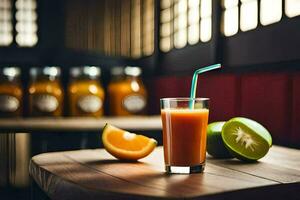 een glas van oranje sap Aan een tafel. ai-gegenereerd foto