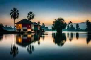 een huis Aan de water Bij zonsondergang met palm bomen. ai-gegenereerd foto