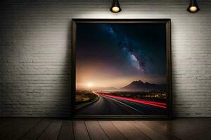 een ingelijst afbeelding van een weg Bij zonsondergang met een melkachtig manier in de achtergrond. ai-gegenereerd foto