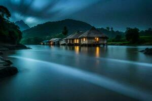 foto behang de lucht, water, bergen, huis, rivier, de nacht, de rivier,. ai-gegenereerd