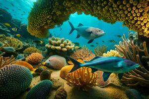 een onderwater- tafereel met vis en koraal. ai-gegenereerd foto