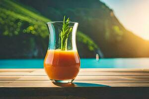 een glas van oranje sap Aan een houten tafel. ai-gegenereerd foto