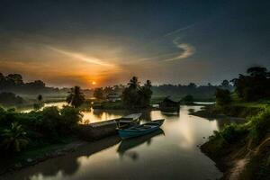 de zon stijgt over- de rivier. ai-gegenereerd foto