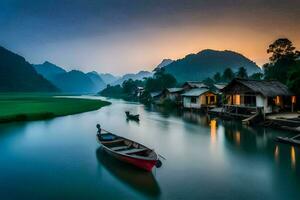 foto behang natuur, water, bergen, huizen, boten, rivier, Vietnam, zonsopkomst. ai-gegenereerd