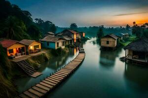 een rivier- in de midden- van een dorp met houten huizen. ai-gegenereerd foto