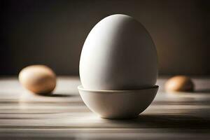 een ei zittend in een kop Aan een tafel. ai-gegenereerd foto