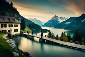 foto behang de lucht, bergen, meer, huis, huis, huis, huis, huis,. ai-gegenereerd