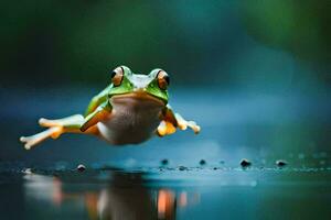 een kikker jumping uit van de water. ai-gegenereerd foto