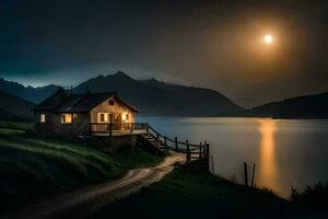 een klein cabine zit Aan de kust van een meer Bij nacht. ai-gegenereerd foto