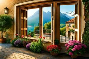een Open venster met bloemen en bergen in de achtergrond. ai-gegenereerd foto