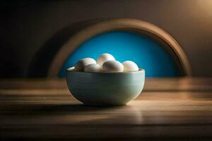 een kom van eieren Aan een houten tafel. ai-gegenereerd foto