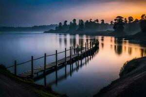 een pier in de midden- van een meer Bij zonsopkomst. ai-gegenereerd foto